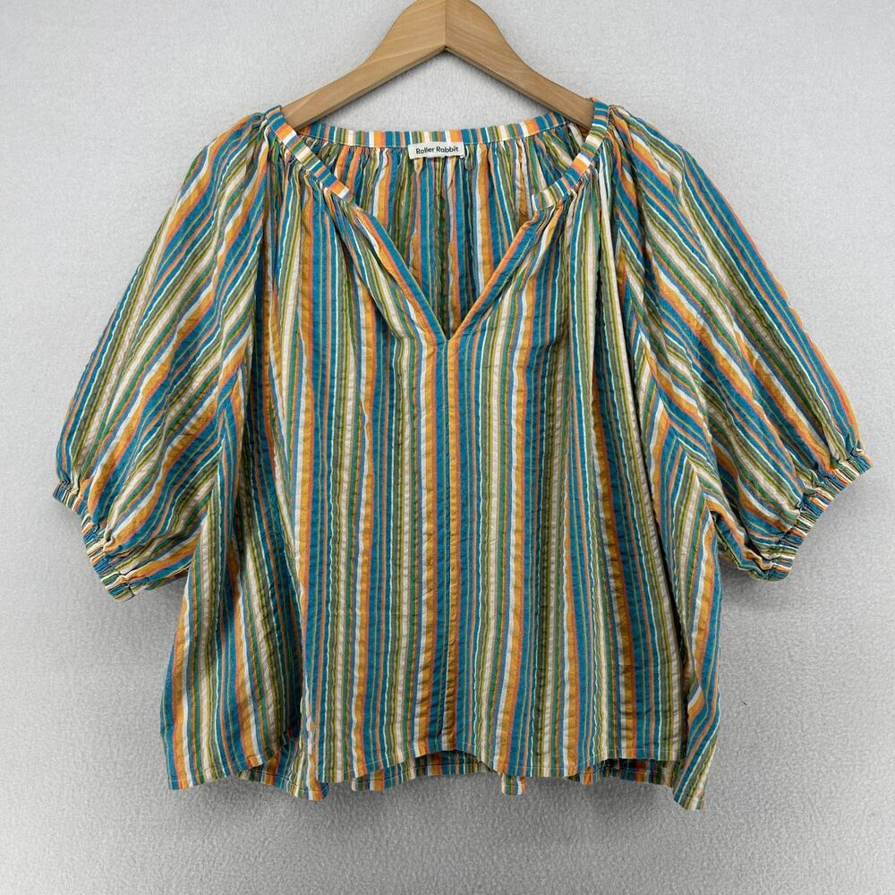 ROBERTA ROLLER RABBIT Top XL Seersucker Striped Split Neck Puff Sleeve Blue